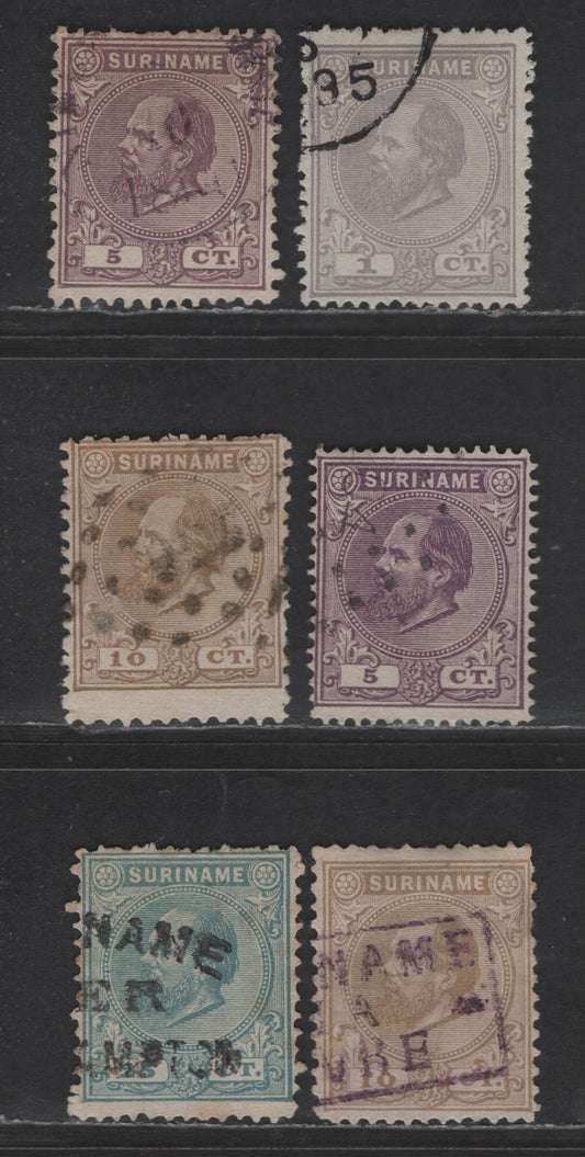 Lot 252 Suriname SC#1, 5,b, 6, 10 1c - 25c Lilac Gray - Greenish Blue King William III, 1873-1889 King William III Issue, 6 Fine Used Singles, With Various Perfs
