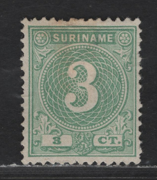 Lot 254 Suriname SC#20 3c Green Numeral, 1890 Numeral Issue, A Fine Unused Single, Perf 12.5, No Gum As Issued