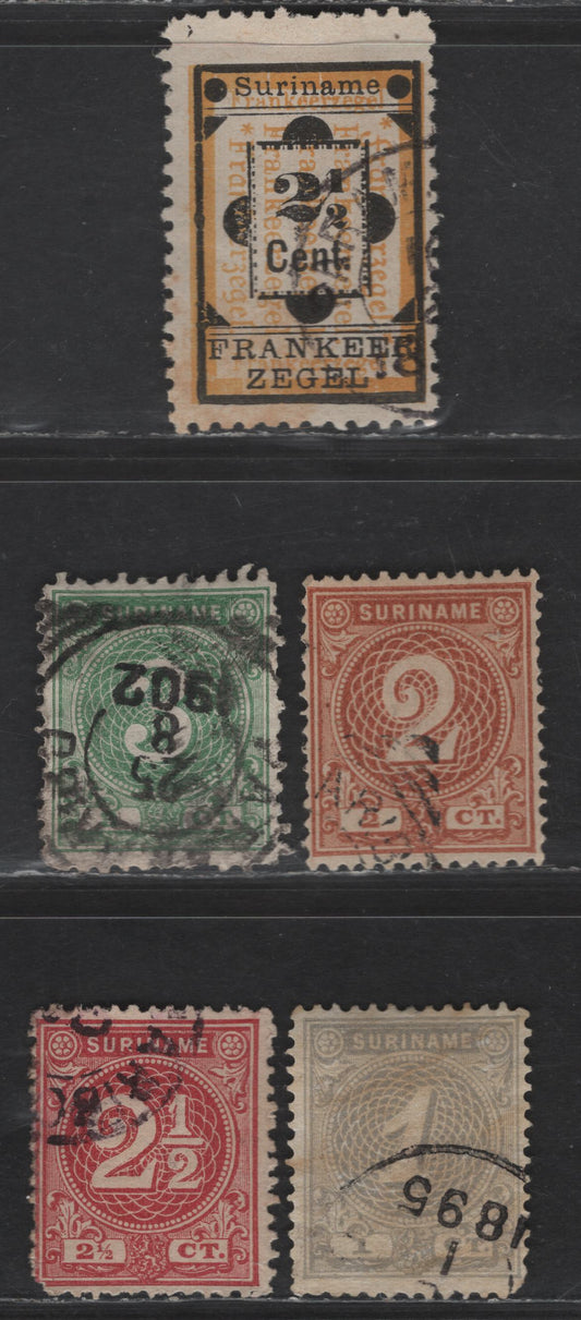 Lot 255 Suriname SC#17-20, 22 1c - 2.5c Gray - Black & Orange Numerals, 1890-1892 Numeral & Bicolored Numeral Issues, 5 Very Good/Fine/Very Fine Used Singles, Various Perfs