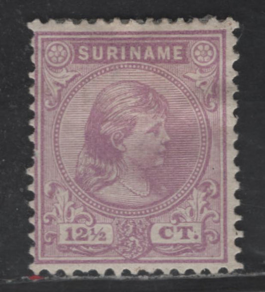 Lot 256 Suriname SC#26 12.5c Rose Lilac Queen Wilhelmina, 1892-1893 Queen Wilhelmina Issue, A FOG Single, With Gum, Most Were Issued Without Gum
