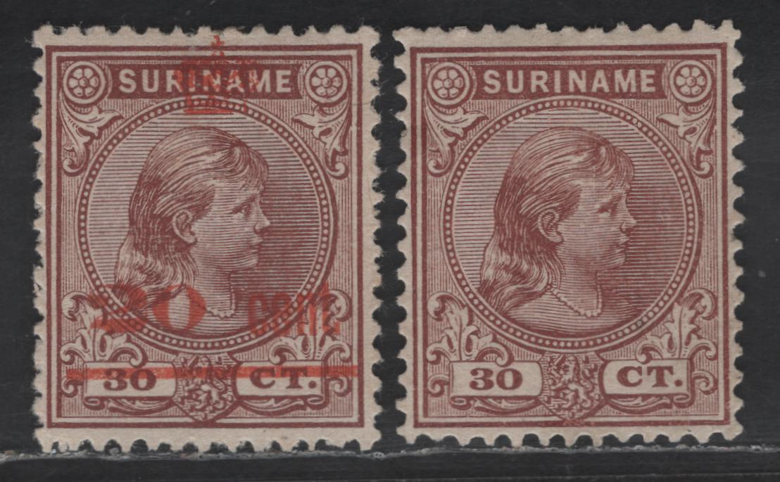 Lot 257 Suriname SC#30, 66 30c - 20c on 30c Red Brown Queen Wilhelmina, 1892-1911 Queen Wilhelmina & Surcharged Issues, 2 VFOG & Unused Singles, The Regular Stamp Has Gum, Which Was Not Issued Thus, While The Surgharge Has