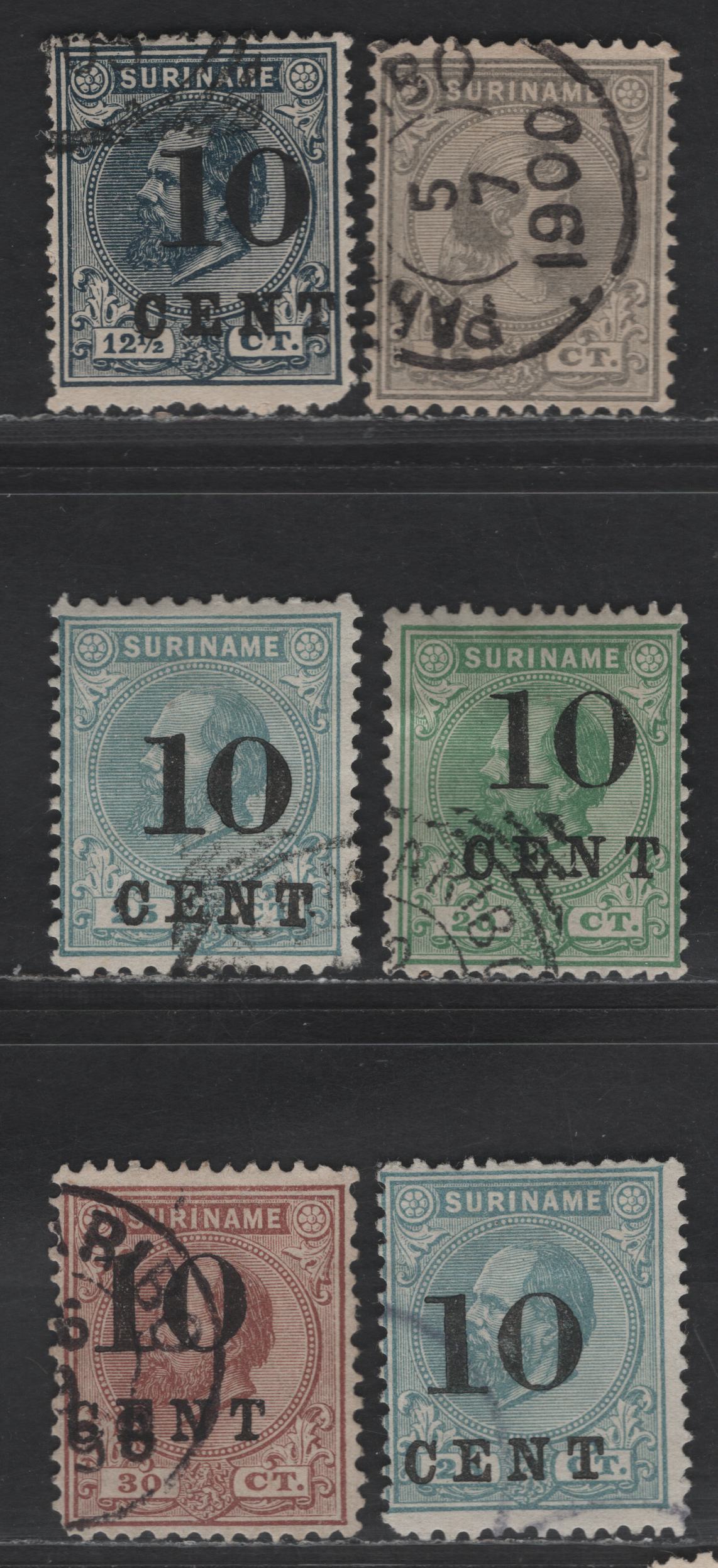Lot 258 Suriname SC#31, 33, 34c, 27, 34, 35 15c - 10c on 30c Gray - Red Brown Queen Wilhelmina, 1892-1898 Queen Wilhelmina - Surcharged Issues, 6 Fine/Very Fine Used Singles, Various Perfs