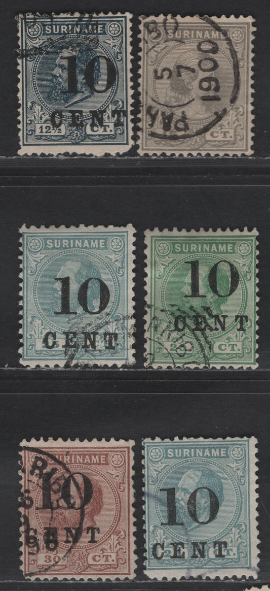 Lot 258 Suriname SC#31, 33, 34c, 27, 34, 35 15c - 10c on 30c Gray - Red Brown Queen Wilhelmina, 1892-1898 Queen Wilhelmina - Surcharged Issues, 6 Fine/Very Fine Used Singles, Various Perfs