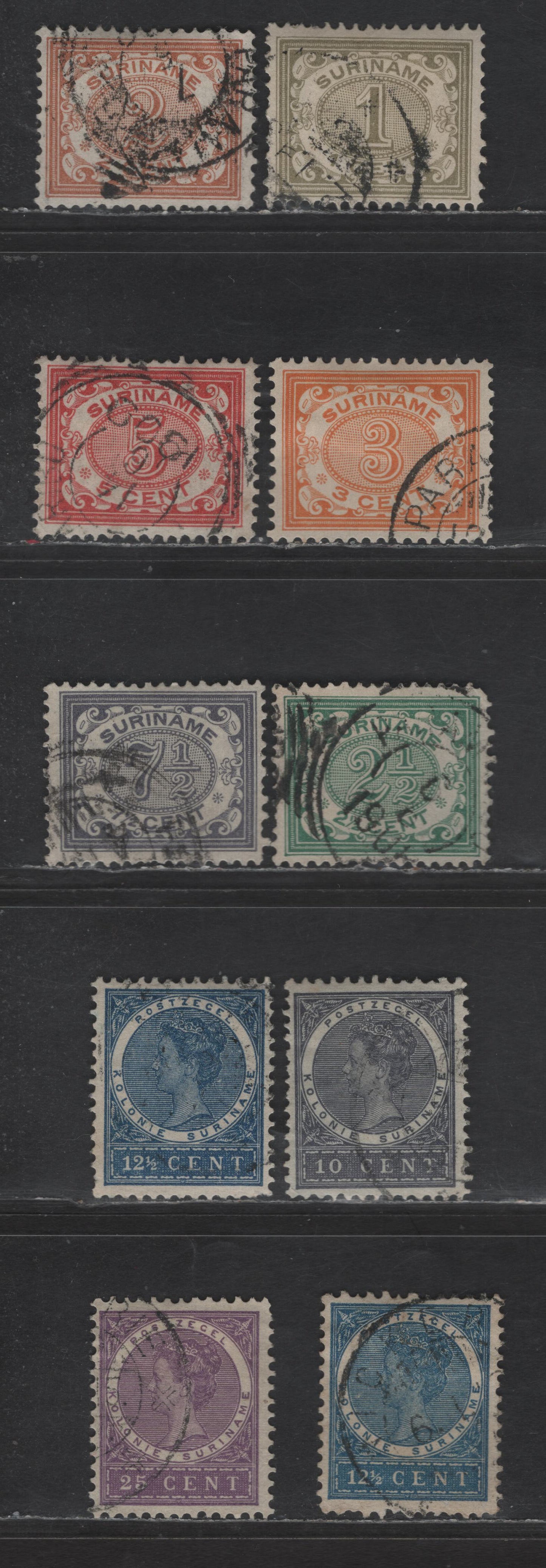 Lot 260 Suriname SC#45-52, 56 1c - 25c Olive Green - Violet Numerals & Queen Wilhelmina, 1902-1908 Numeral Issue, 10 Fine/Very Fine Used Singles, Cross Hatched Background