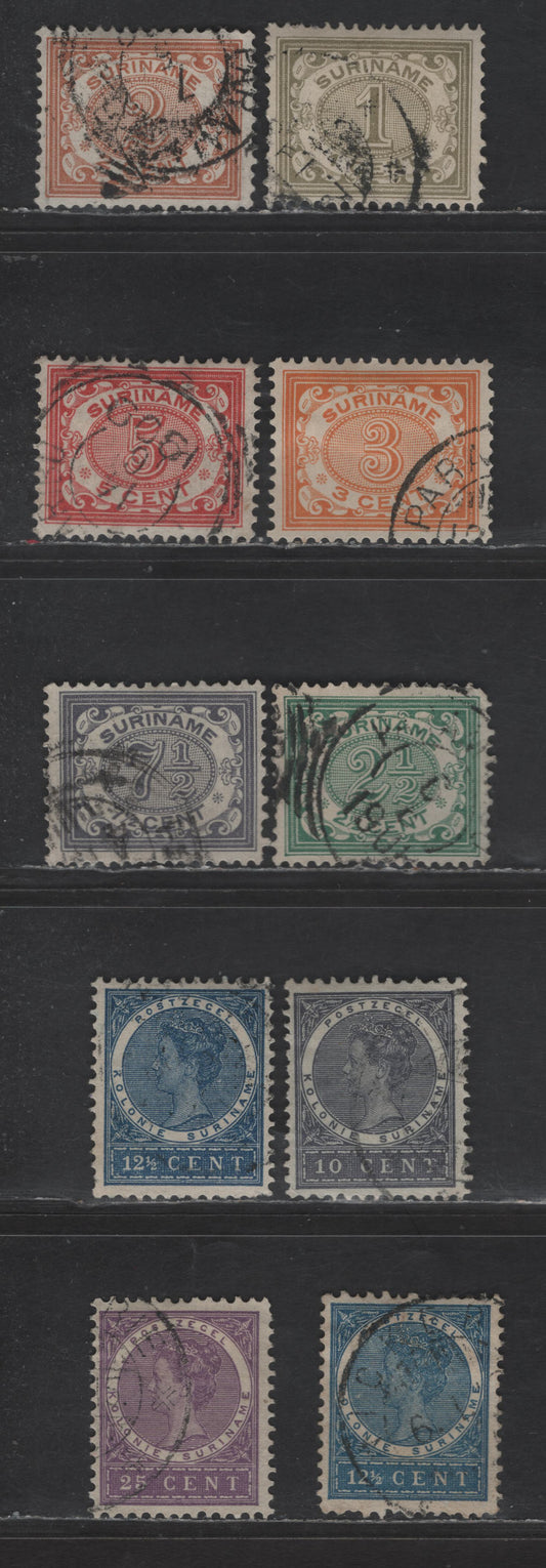 Lot 260 Suriname SC#45-52, 56 1c - 25c Olive Green - Violet Numerals & Queen Wilhelmina, 1902-1908 Numeral Issue, 10 Fine/Very Fine Used Singles, Cross Hatched Background