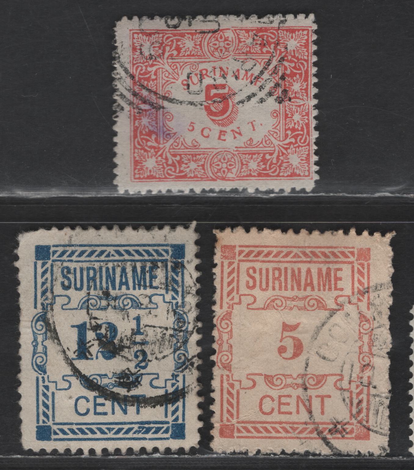 Lot 261 Suriname SC#61, 72-73 5c - 12.5c Red - Deep Blue Numerals, 1909-1912 Type Set Numerals Issue, 3 Good/Very Good/Fine Used Singles Small Crease On 5c