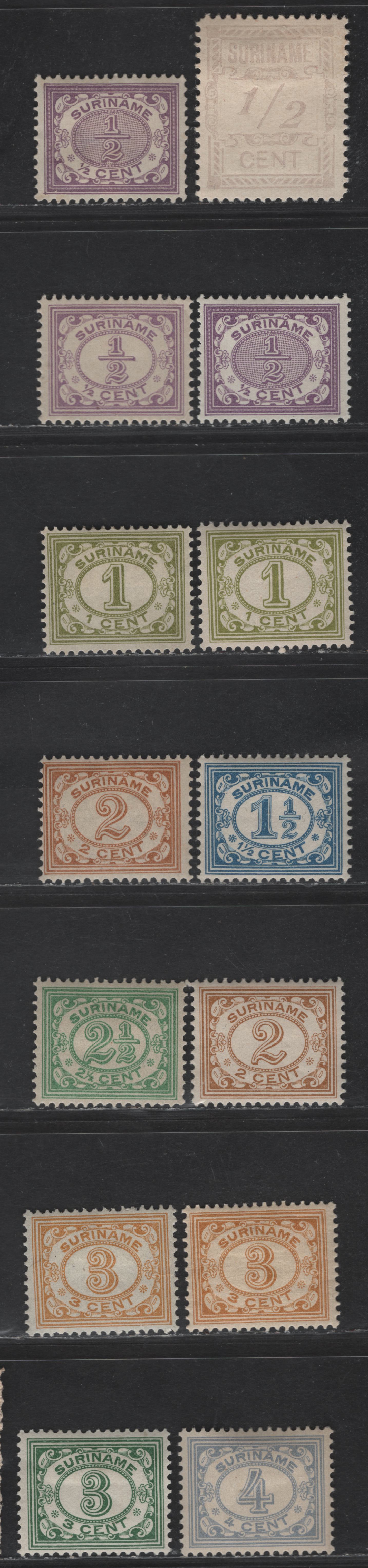 Lot 262 Suriname SC#44, 70, 74-75, 76a, 77-81 1/2c - 4c Violet - Chalky Blue Numerals, 1902-1931 Numerals Issues, 14 F/VFOG & Unused Singles, Cross-Hatched & White Backgrounds, Gum & Ungummed Examples