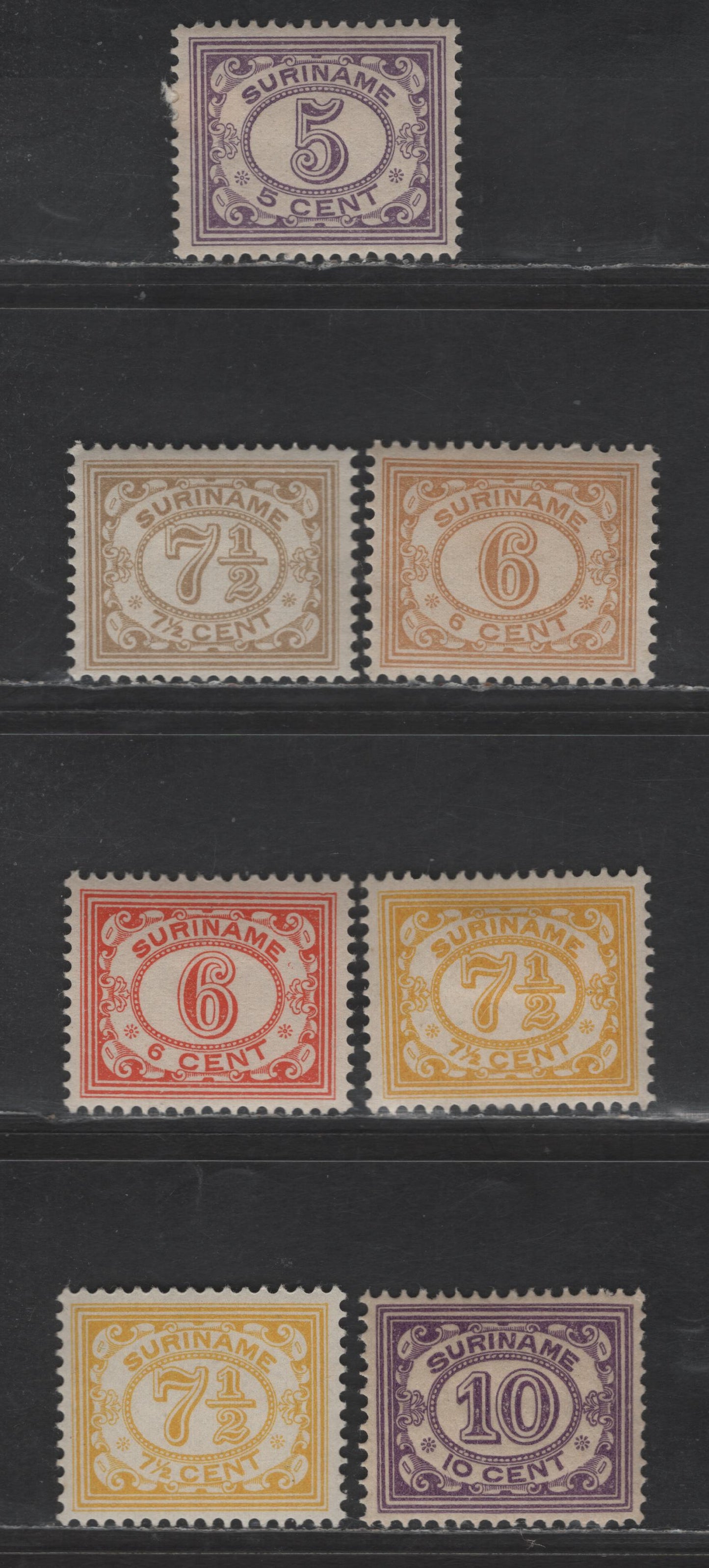 Lot 263 Suriname SC#84-87, 89-90 5c - 10c Lilac - Violet Numerals, 1913-1921 Numerals Issue, 7 VFOG Singles, White Background, Two Very Similar, But Slightly Different Shades of 7.5c Yellow