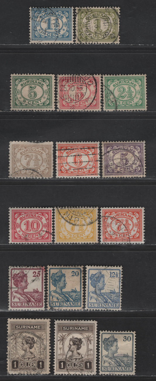 Lot 264 Suriname SC#75, 76a, 78, 82-84, 86, 87a, 88-89, 91, 98, 101-102, 106,a 1c - 1h Olive Green - Brown Numerals - Queen Wilhelmina, 1913-1921 Numerals - Queen Wilhelmina Issues, 17 Fine/Very Fine Used Singles, Includes perf 11.5x12.5 on 1g