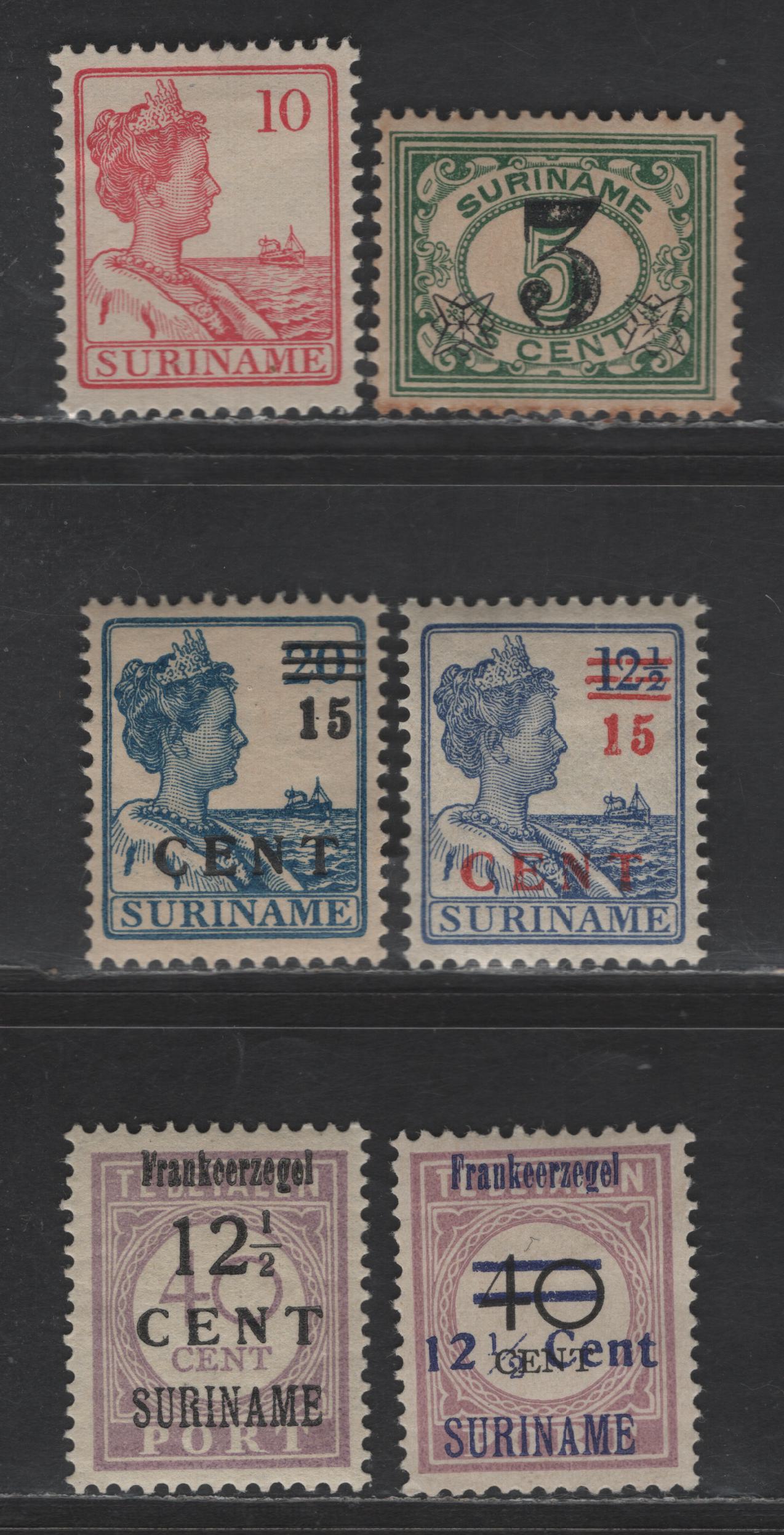 Lot 265 Suriname SC#92, 116, 118-119, 121-122 10c - 12.5c on 40c Carmine Rose - Lilac Numerals - Queen Wilhelmina, 1913-1926 Numerals, Queen Wilhelmina & Surcharge Issues, 6 VFOG & Unused Singles, 92 & 121 Issued Without Gum