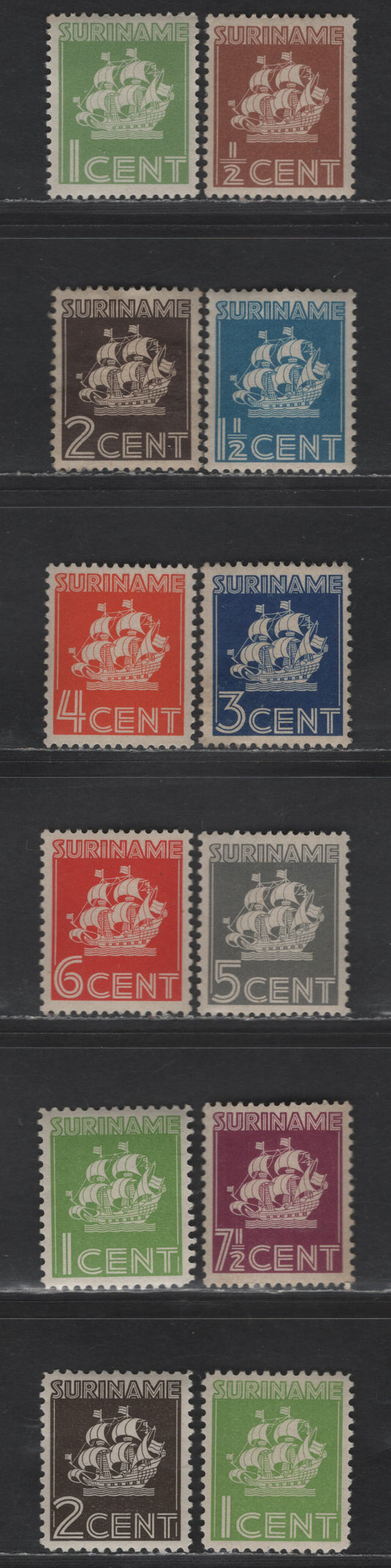 Lot 266 Suriname SC#142/151, 168-169 1/2c - 7.5c Red Violet Van Walbeeck's Ship, 1936-1941 Van Walbeeck's Ship Issue, 12 VFOG Singles, Subtle Shade Varieties