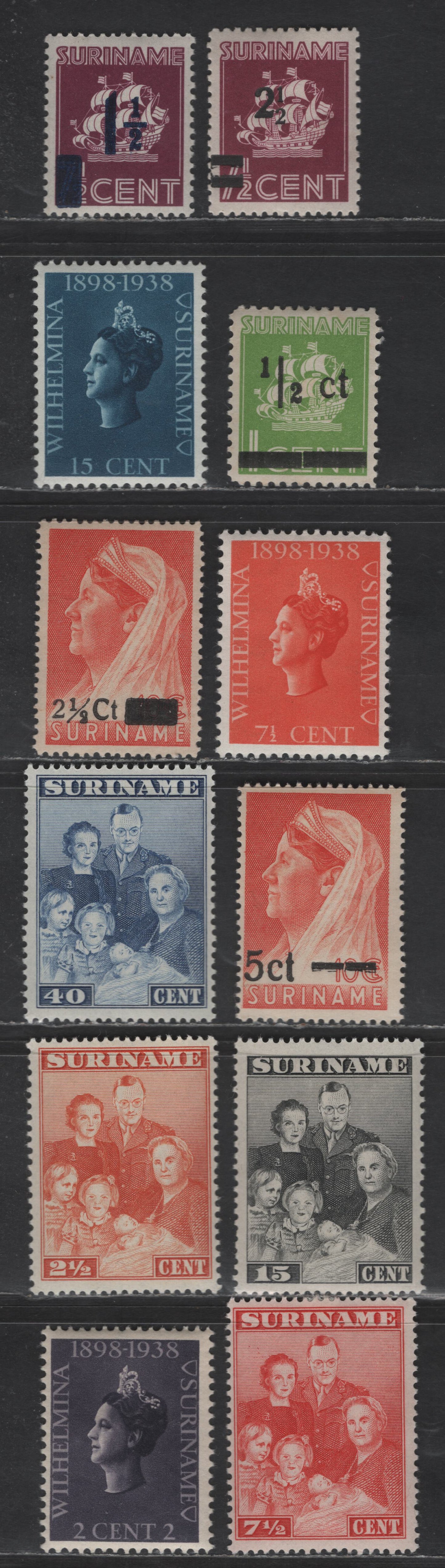 Lot 267 Suriname SC#164-166, 176-179, 182, 210, 181, 209 2c - 2.5c on 10c Purple - Vermillion Queen Wilhelmina, 1938-1947 40th Anniv Of Queen Wilhelmina's Reign - Surcharge Issues, 12 F/VFOG Singles