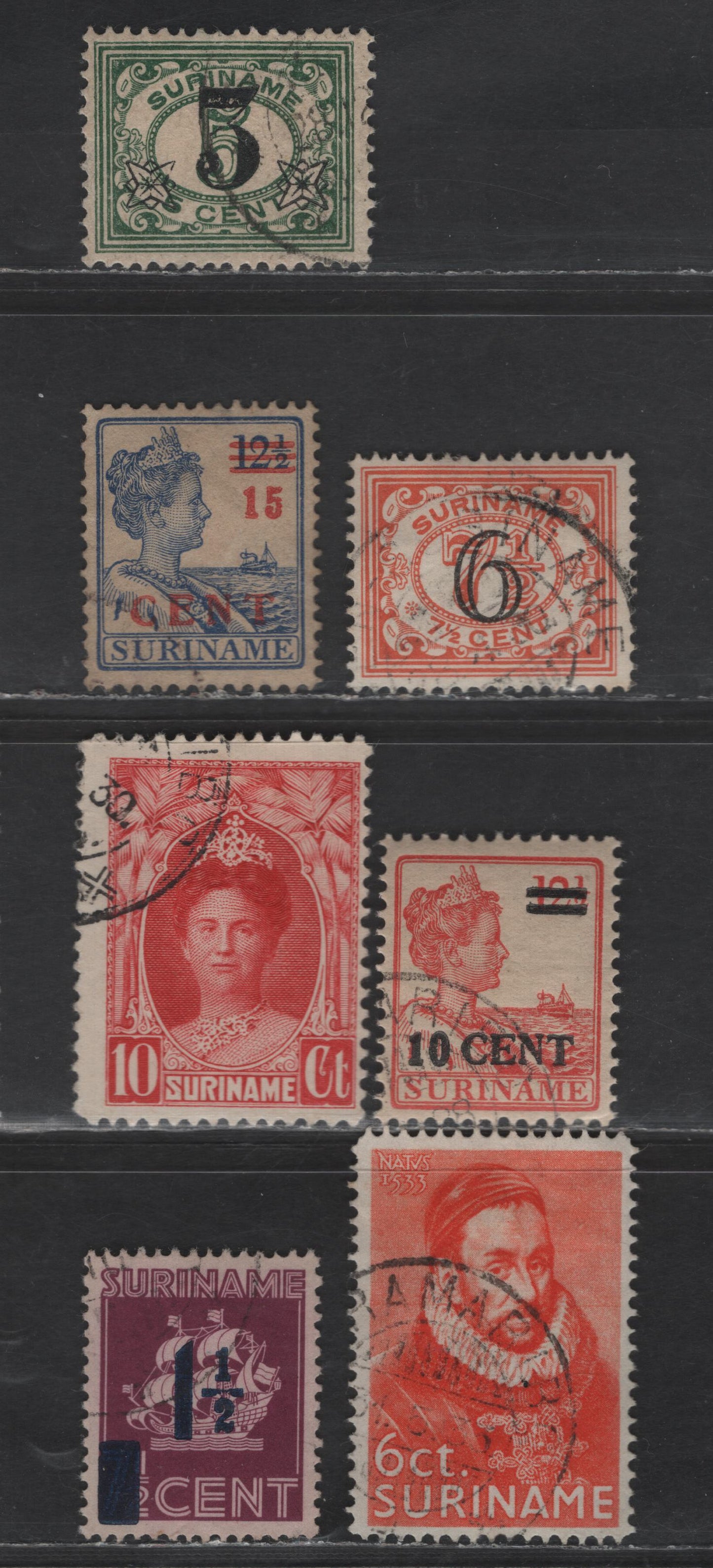 Lot 268 Suriname SC#116-118, 123, 139, 123, 209 3c on 5c - 1.5c on 7c Green - Red Violet Surcharges, 1925-1947 Surcharged Issues, 7 Fine/Very Fine Used Singles