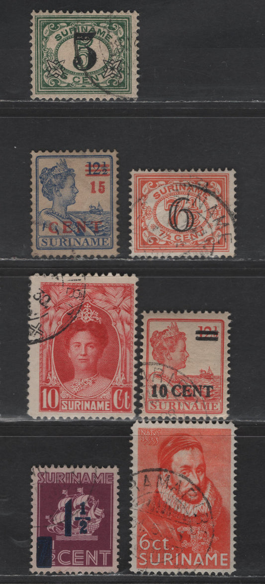 Lot 268 Suriname SC#116-118, 123, 139, 123, 209 3c on 5c - 1.5c on 7c Green - Red Violet Surcharges, 1925-1947 Surcharged Issues, 7 Fine/Very Fine Used Singles