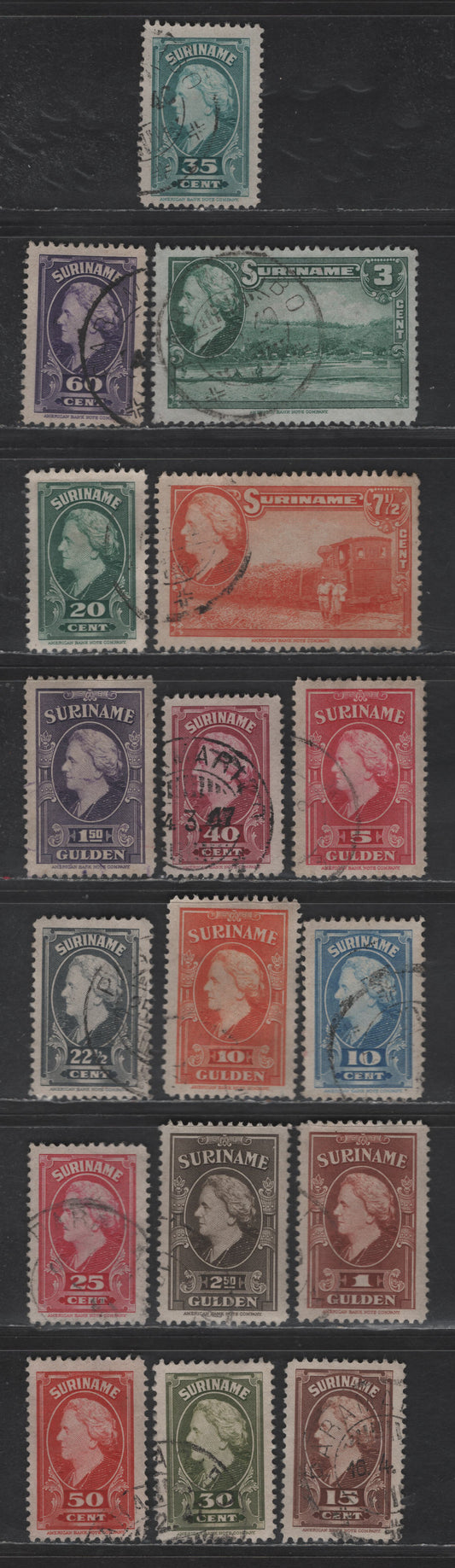 Lot 269 Suriname SC#188, 192-207 3c - 10g Dull Green- Red Orange Queen Wilhelmina, 1945 Pictorial Issue, 17 Very Fine Used Singles