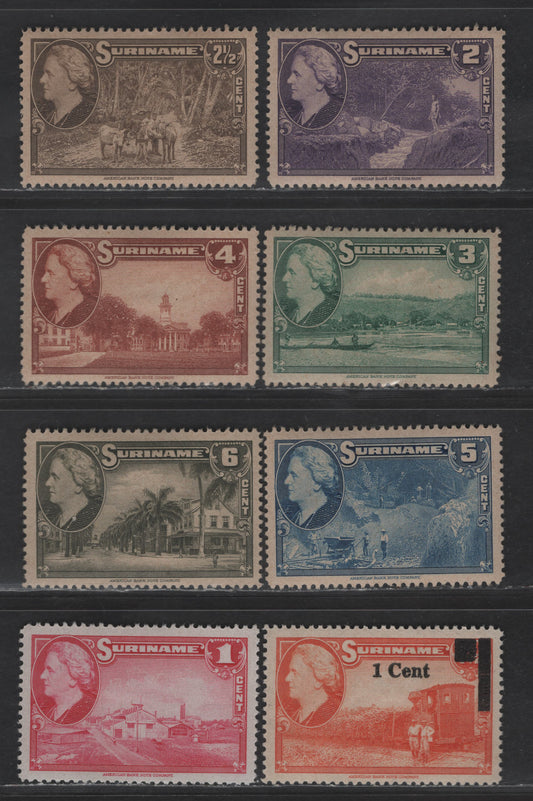 Lot 270 Suriname SC#184, 186, 191, 240 1c - 1c on 7.5c Rose Carmine - Deep Orange Queen Wilhelmina, 1945-1951 Pictorial & Surcharged Issues, 8 VFOG Singles