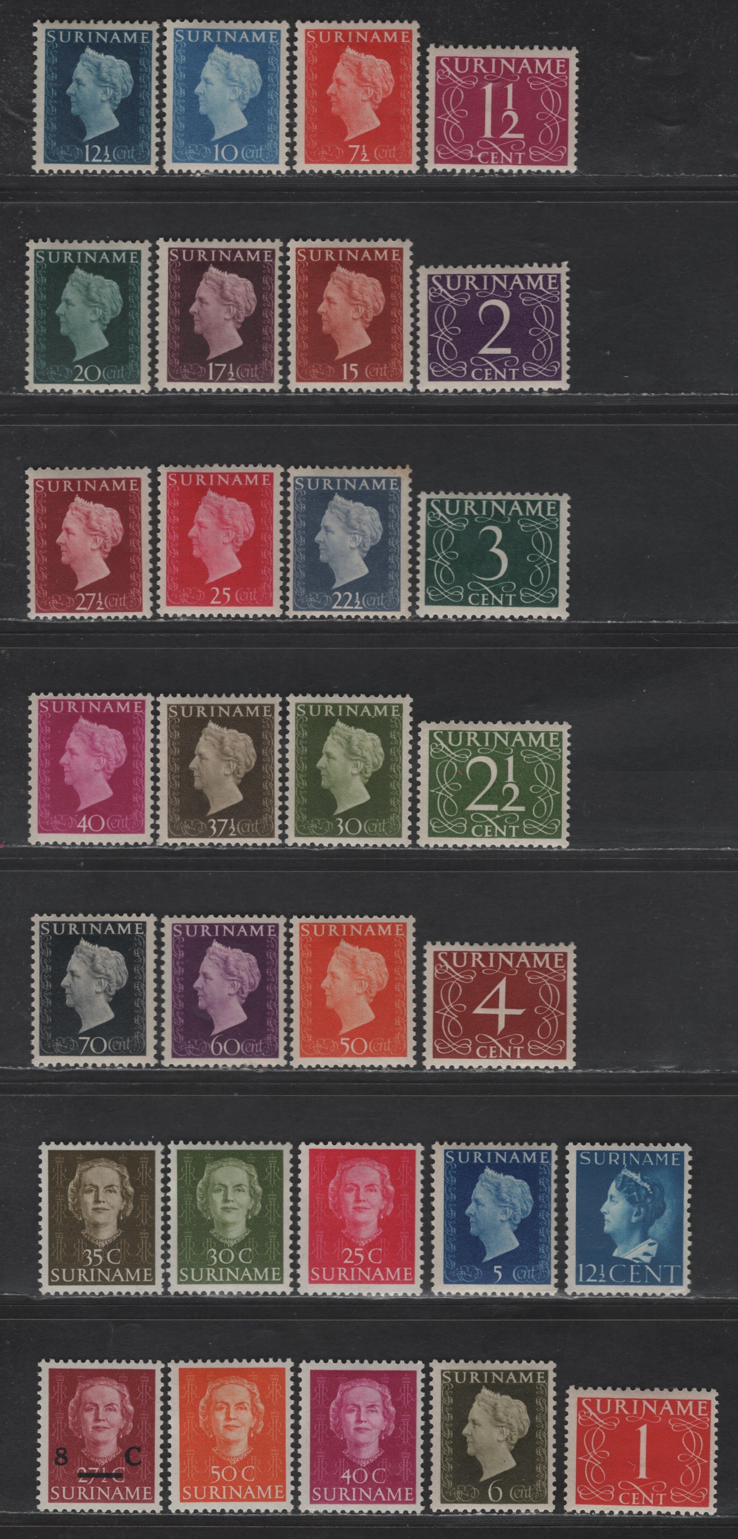 Lot 271 Suriname SC#211-233, 246, 248-251, 271, 174 12.5c - 8c on 27.5c Royal Blue - Carmine Lake Queen Wilhelmina - Queen Juliana, 1948-1951 Queen Wilhelmina - Queen Juliana Issues, 30 F/VFOG Singles
