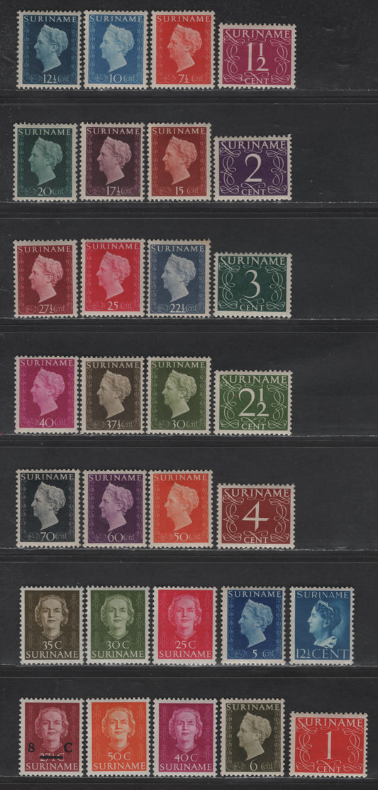 Lot 271 Suriname SC#211-233, 246, 248-251, 271, 174 12.5c - 8c on 27.5c Royal Blue - Carmine Lake Queen Wilhelmina - Queen Juliana, 1948-1951 Queen Wilhelmina - Queen Juliana Issues, 30 F/VFOG Singles