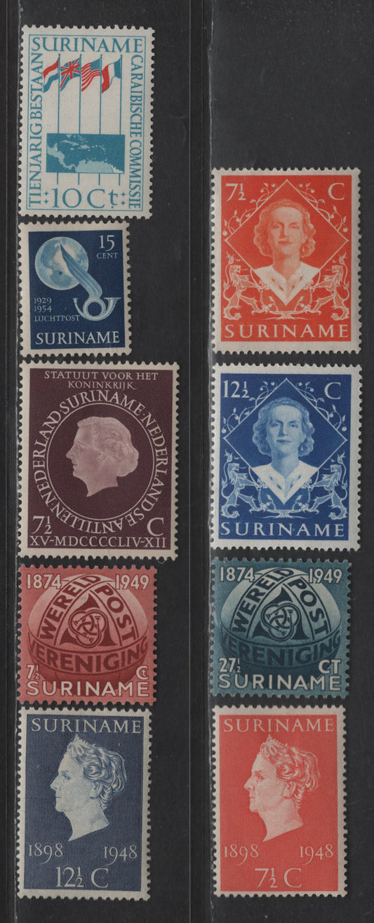 Lot 272 Suriname SC#234-239, 264, C27 7.5c - 15c Vermillion - Deep Blue Queen Wilhelmina - Pictorials, 1948-1954 50th Anniv of Queen Wilhelmina's Reign - Airmail Issues, 9 VFOG Singles