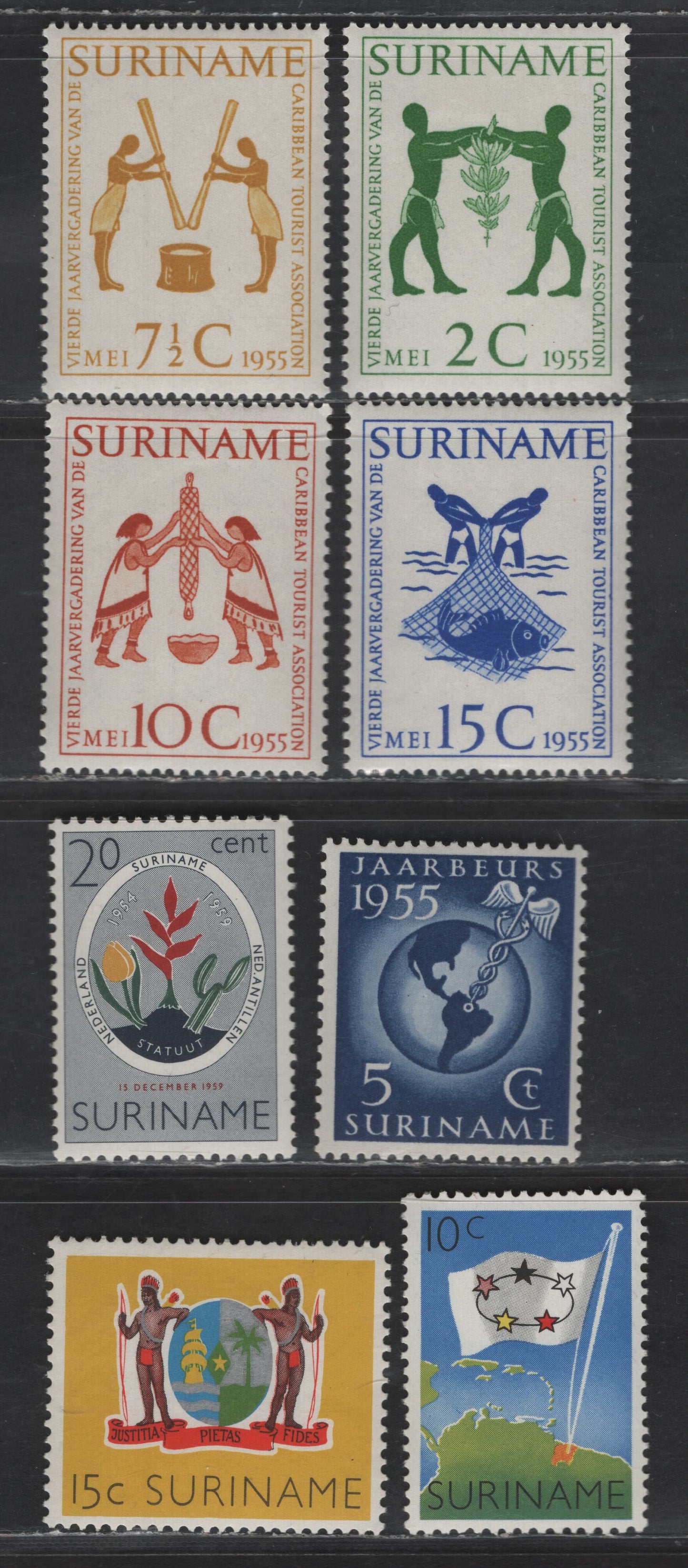 Lot 275 Suriname SC#265-269, 276, 282-283 2c - 15c Dark Green - Multicolored Caribbean Tourist Association - Freedom Day, 1955-1960 Caribean Tourist Association - Freedom Day Issues, 8 F/VFOG Singles