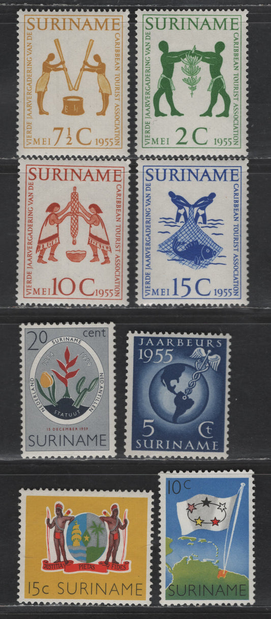 Lot 275 Suriname SC#265-269, 276, 282-283 2c - 15c Dark Green - Multicolored Caribbean Tourist Association - Freedom Day, 1955-1960 Caribean Tourist Association - Freedom Day Issues, 8 F/VFOG Singles