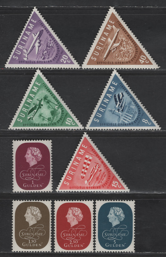 Lot 276 Suriname SC#272-275. 277-271 1g - 40c Magenta - Light Brown Queen Juliana - Zanderij Airport, 1959-1960 Queen Juliana - Inauguration of Zanderij Airport Issues, 9 F/VFNH/OG Singles, Queen Juliana Set Is NH