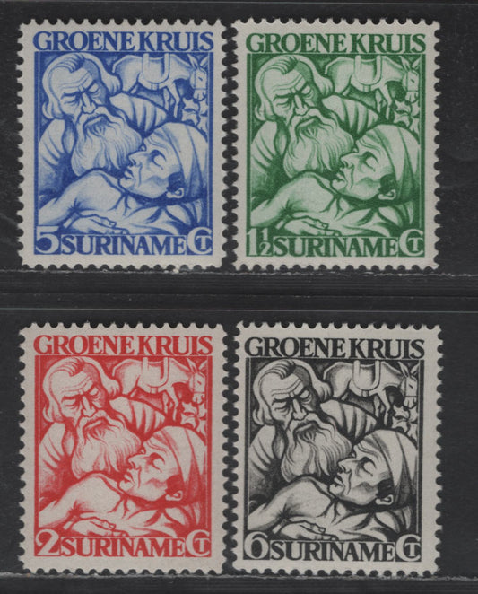 Lot 278 Suriname SC#B8-B11 1.5c+135c - 6c+4c Green - Black Good Samaritan, 1929 Green Cross Society Semi Postals, 4 VFOG Singles