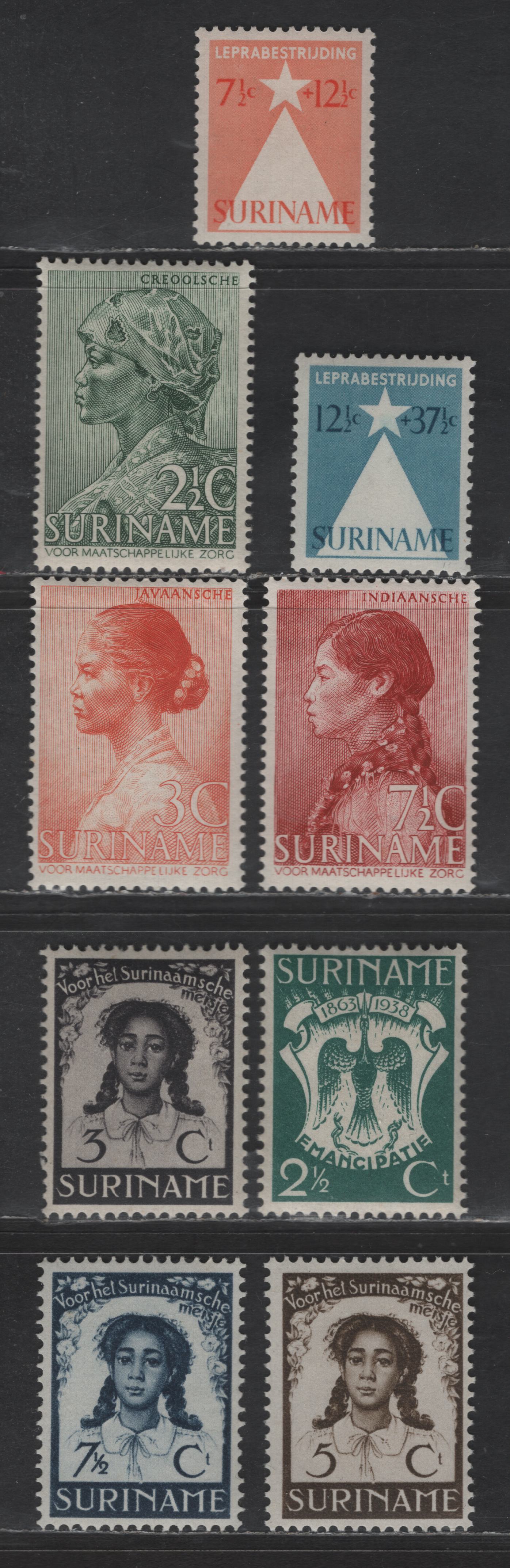 Suriname SC#B26-B31, B33, B47-B48 2.5c+2c - 12.5c+37.5c Dark BlueGreen - Blue Anniversary of Abolition of Slavery, 1938 75th Anniversary of Abolition of Slavery, 9 F/VFOG Singles