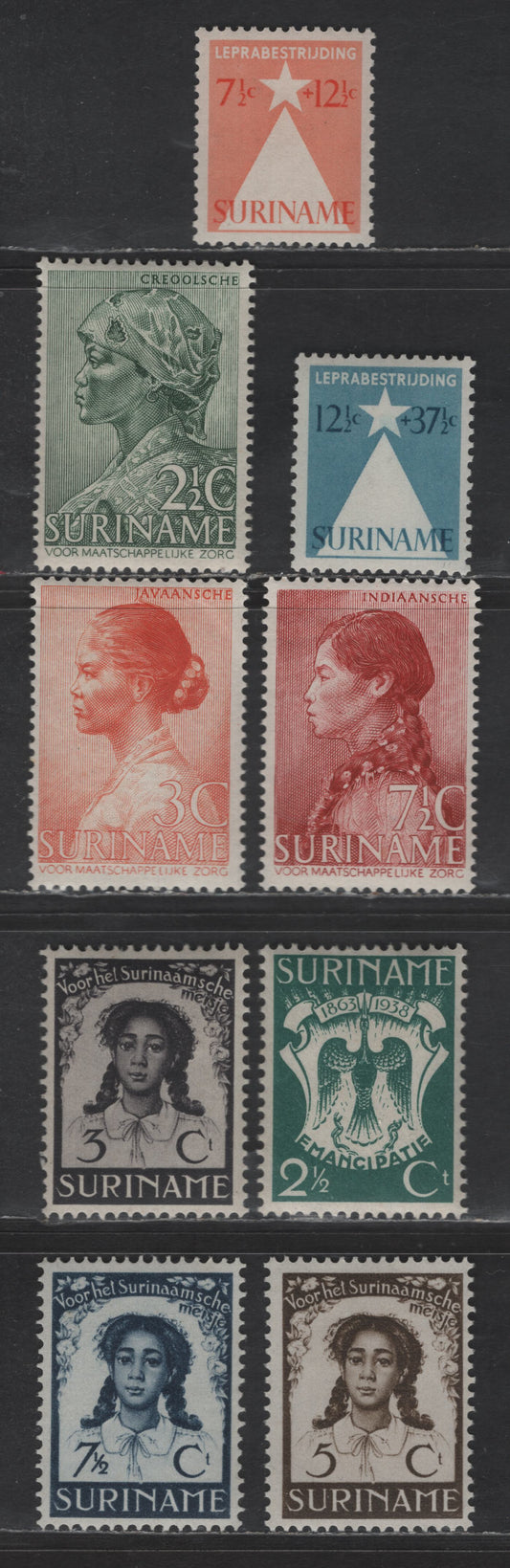 Suriname SC#B26-B31, B33, B47-B48 2.5c+2c - 12.5c+37.5c Dark BlueGreen - Blue Anniversary of Abolition of Slavery, 1938 75th Anniversary of Abolition of Slavery, 9 F/VFOG Singles