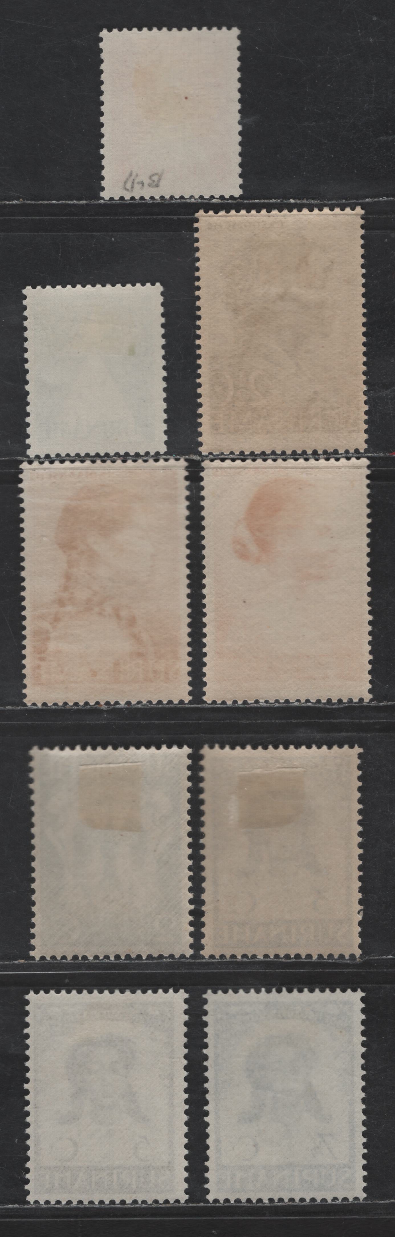 Lot 282 Suriname SC#B26-B31, B33, B47-B48 2.5c+2c - 12.5c+37.5c Dark BlueGreen - Blue Anniversary of Abolition of Slavery, 1938 75th Anniversary of Abolition of Slavery, 9 F/VFOG Singles