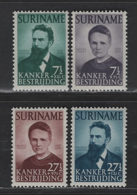 Lot 283 Suriname SC#B49-B52 7.5c+7.5c - 27.5c+97.5c Dull Violet - Brown Red Cancer, 1950 Semi Postal Issue, 4 VFOG Singles