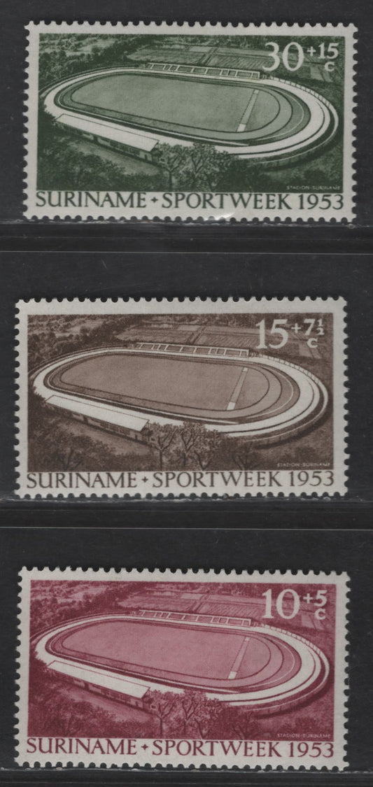 Lot 284 Suriname SC#B55-B57 10c+5c - 30c+15c Claret - Dark Blue Green Opening of Paramaribo Stadium, 1953 Opening of Paramaribo Stadium Issue, 3 VFOG Singles
