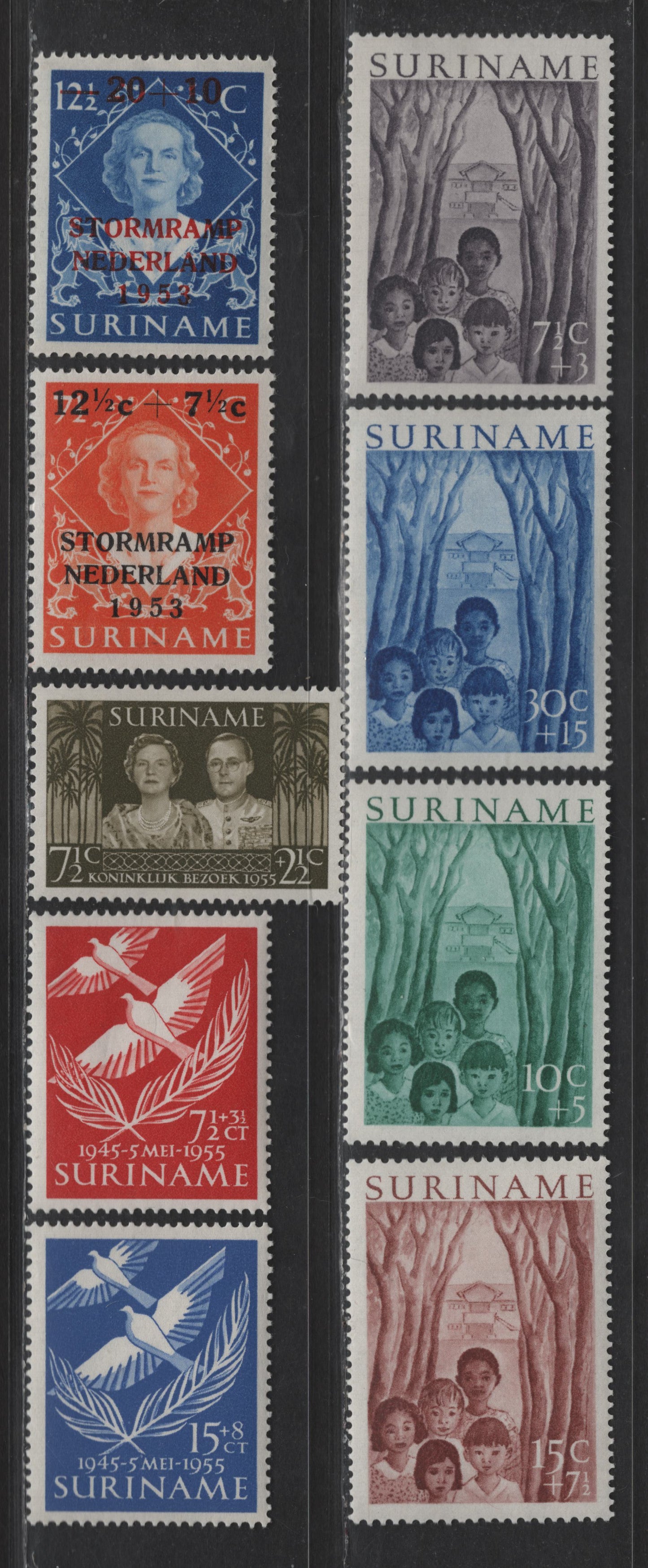 Lot 285 Suriname SC#B53-B54, B58-B64 12.5c+7.5c - 7.5c+2.5c Orange - Dark Olive Netherlands Flood Relief - Royal Visit to Surinam, 1953-1955 Netherlands Flood Relief - Royal Visit to Surinam Semi Postals, 9 VFOG Singles