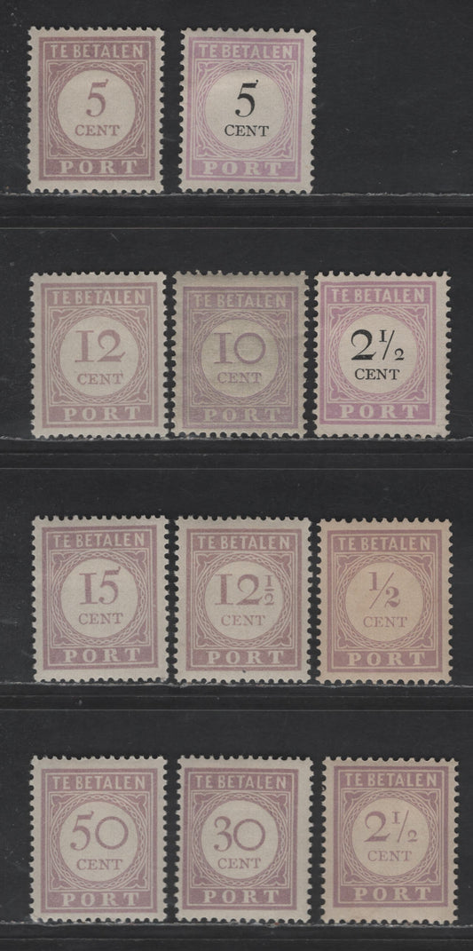 Lot 286 Suriname SC#J9a, J10, J17, J20-J25, J28, J30 5c - 50c Black & Lilac - Lilac Numeral, 1892-1896 Postage Dues, 11 F/VFOG & Unused Singles