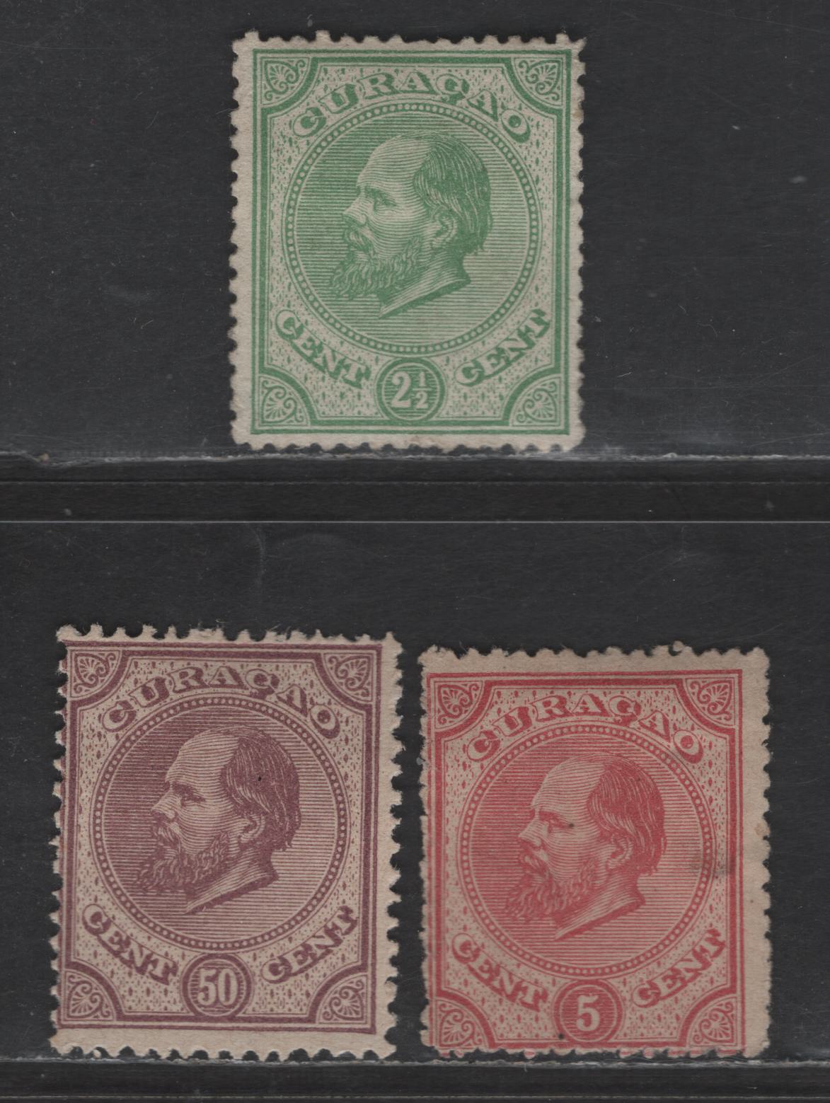 Lot 287 Netherlands Antilles SC#1b, 3b, 6 2.5c - 50c Green - Violet King William III, 1873-1879 King William III Issue, 3 Very Good/Fine Unused Singles, Perfs 13.5 (50c) & 14 Small Holes On The Other Two, No Gum As Issued