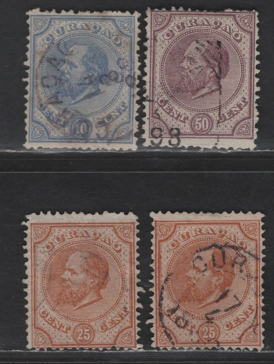 Lot 288 Netherlands Antilles SC#4-6 10c - 50c Ultramarine - Violet King William III, 1873-1879 King William III Issue, 4 Very Good/Fine Used Singles, Perfs 13.5 & 14x13.5