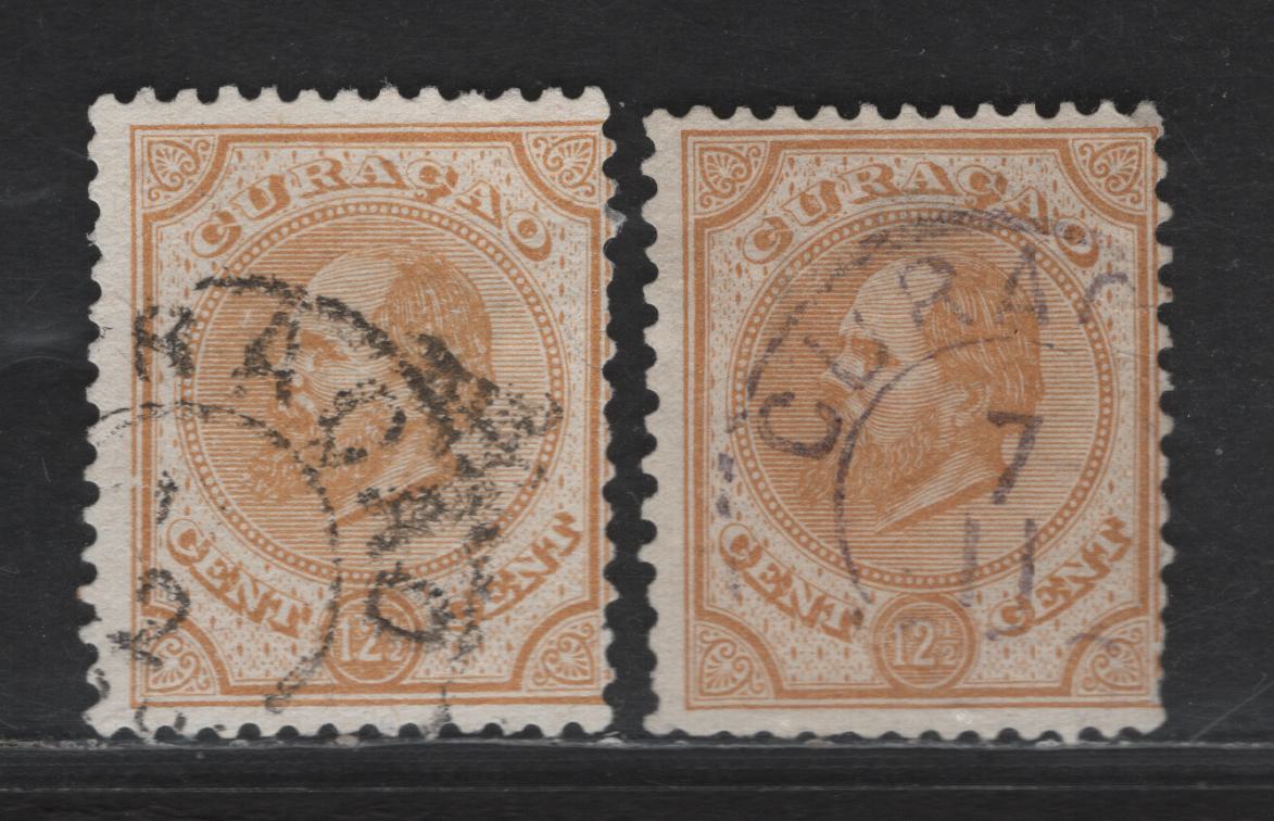 Lot 289 Netherlands Antilles SC#8 1/2c Yellow King William III, 1886-1889 King William III Issue, 2 Good Used Singles, Perfs 12.5x13 & 12.5x12