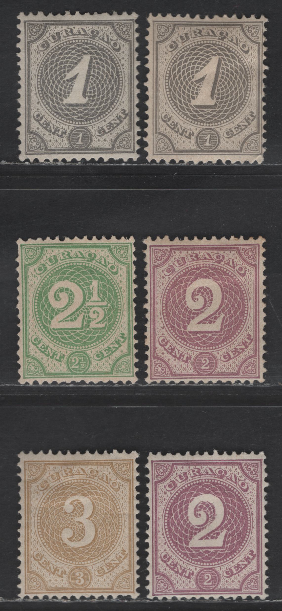Lot 292 Netherlands Antilles SC#13-16 1c-3c Gray - Bistre Numeral, 1889 Numeral Issue, 6 FOG Singles, Extra Shades Of 1c & 2c