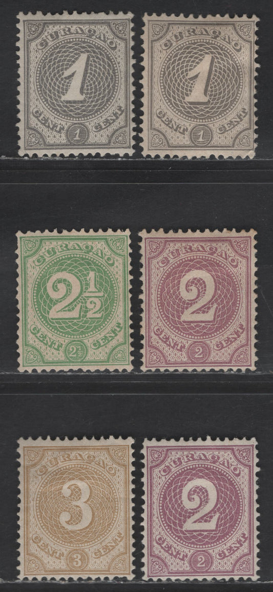 Lot 292 Netherlands Antilles SC#13-16 1c-3c Gray - Bistre Numeral, 1889 Numeral Issue, 6 FOG Singles, Extra Shades Of 1c & 2c