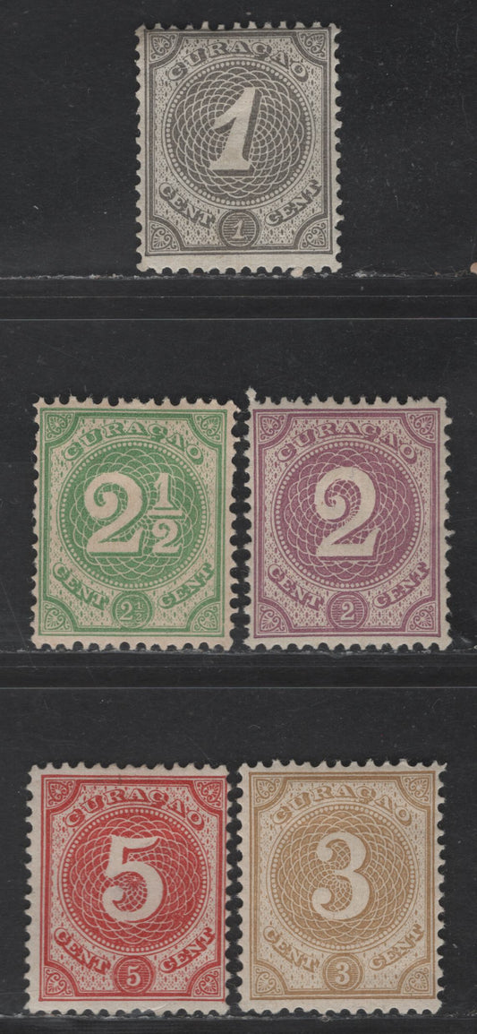 Lot 293 Netherlands Antilles SC#13-17 1c-5c Gray - Rose Numeral, 1889 Numeral Issue, 5 FOG Singles