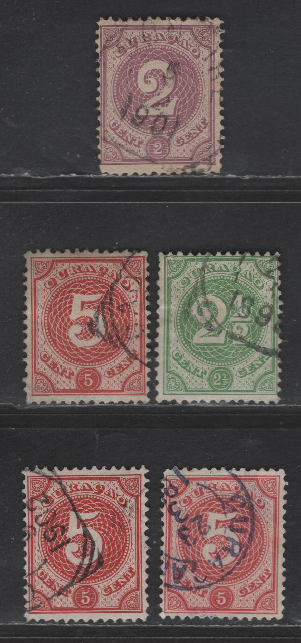 Lot 295 Netherlands Antilles SC#14-15, 17 2c - 5c Violet - Rose Red Numeral, 1889 Numeral Issue, 5 Fine/Very Fine Used Singles, Two Extra Shades Of 5c