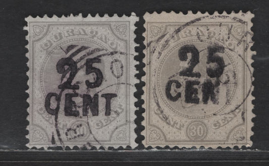 Lot 296 Netherlands Antilles SC#18 25c on 30c Pearl Gray King William III, 1891 Surcharged King William III Issue, 2 Very Good/Fine Used Singles, Two Slightly Different Shades, Diagonal Crease On One