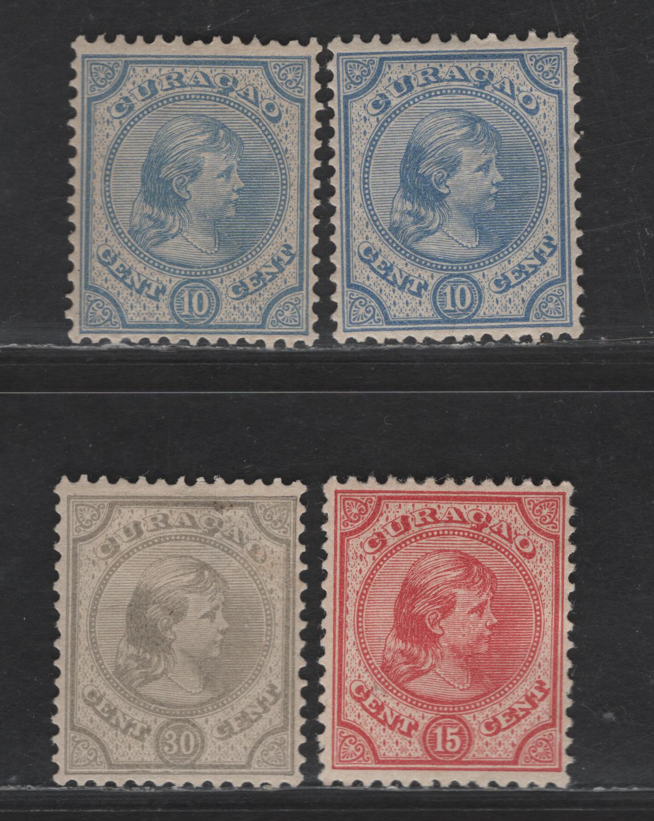 Lot 297 Netherlands Antilles SC#19, 21, 23 10c - 30c Ultramarine - Gray Queen Wilhelmina, 1892-1896 Queen Wilhelmina Issue, 4 VFOG Singles, Includes 2 Shades Of 10c