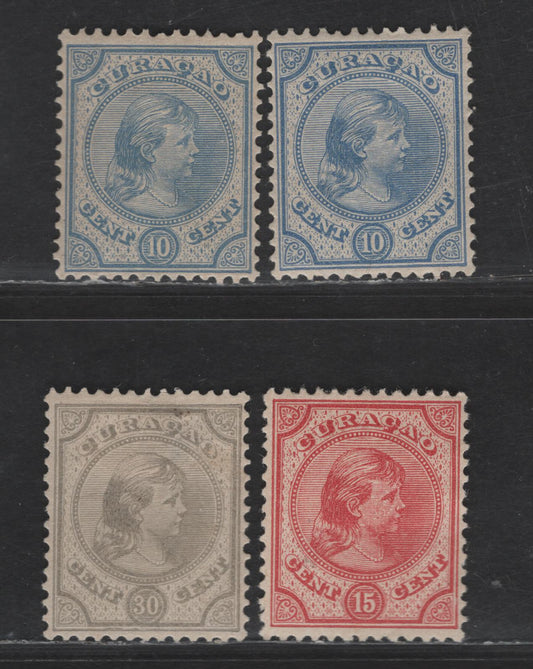 Lot 297 Netherlands Antilles SC#19, 21, 23 10c - 30c Ultramarine - Gray Queen Wilhelmina, 1892-1896 Queen Wilhelmina Issue, 4 VFOG Singles, Includes 2 Shades Of 10c