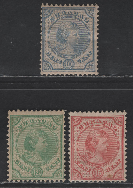 Lot 299 Netherlands Antilles SC#19-21 10c - 15c Ultramarine - Rose Queen Wilhelmina, 1892-1896 Queen Wilhelmina Issue, 3 FOG Singles