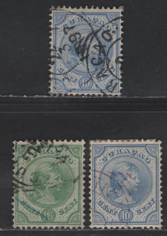 Lot 300 Netherlands Antilles SC#19-20 10c - 12.5c on 40c Ultramarine - Green Queen Wilhelmina, 1892-1896 Queen Wilhelmina Issue, 3 Very Fine Used Singles