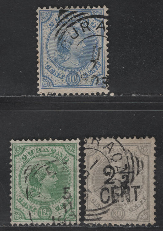 Lot 301 Netherlands Antilles SC#19-20, 26 10c - 2.5c on 30c Ultramarine - Gray Queen Wilhelmina & King William III, 1892-1895 Queen Wilhelmina & King William III Issues, 3 Fine Used Singles