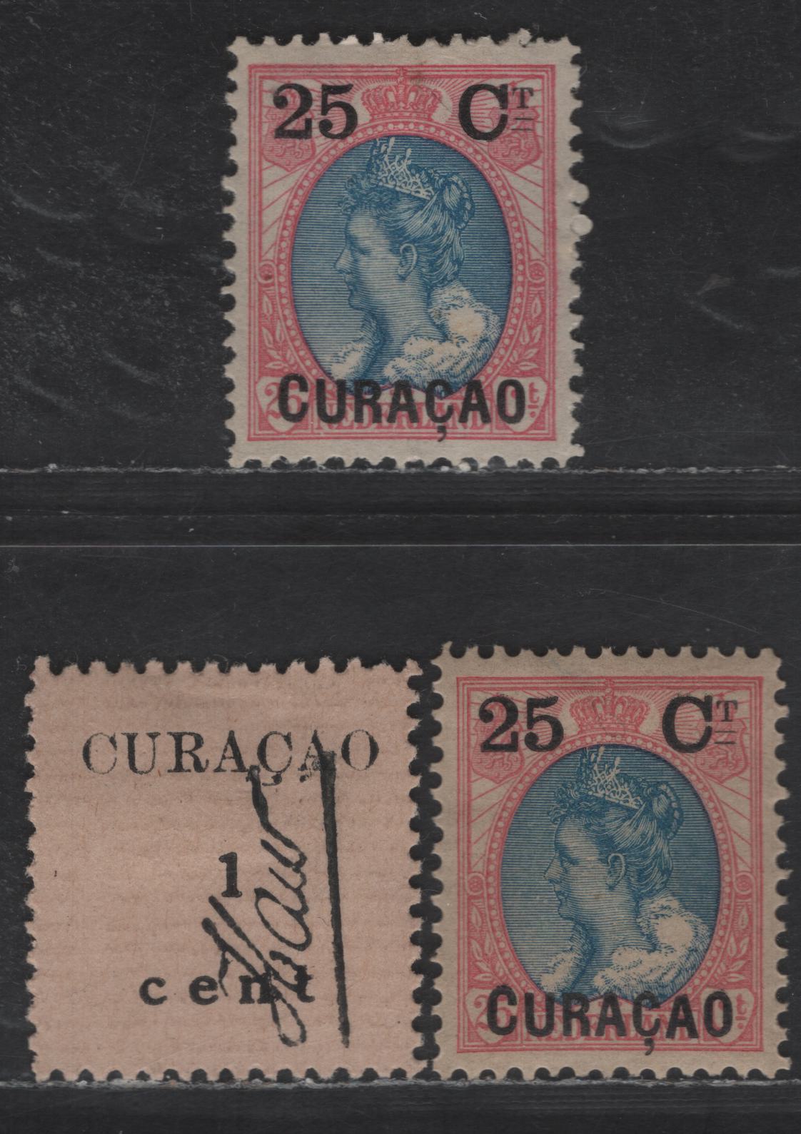 Lot 302 Netherlands Antilles SC#27, 73 25c on 25c - 1c Rose Pink & Blue - Black on Buff Queen Wilhelmina - Postmaster Provisonal, 1902-1918 Queen Wilhelmina - Postmaster Provisonal Issues, 3 VFOG & Unused Singles