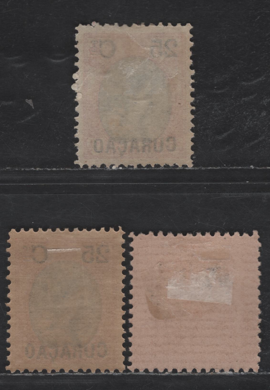 Lot 302 Netherlands Antilles SC#27, 73 25c on 25c - 1c Rose Pink & Blue - Black on Buff Queen Wilhelmina - Postmaster Provisonal, 1902-1918 Queen Wilhelmina - Postmaster Provisonal Issues, 3 VFOG & Unused Singles