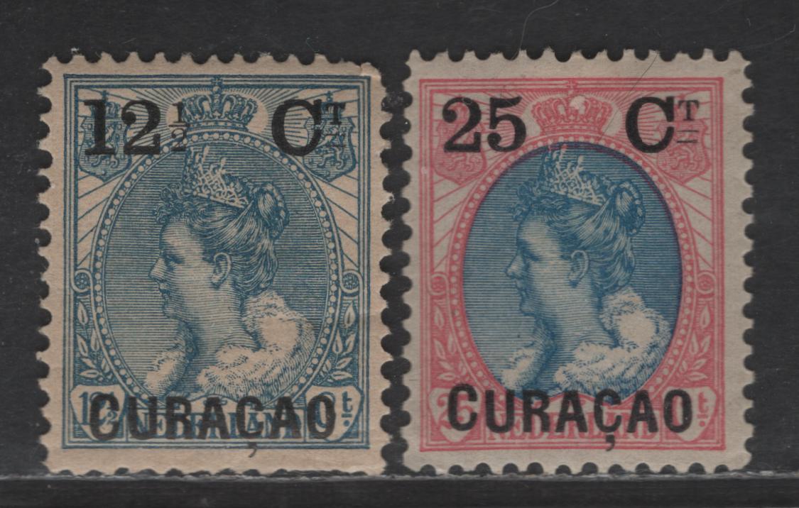 Lot 303 Netherlands Antilles SC#27, 29 25c on 25c - 12.5c on 12.5c Rose Pink & Blue - Blue Queen Wilhelmina, 1902 Overprinted Queen Wilhelmina Issue, 2 FOG Singles, Cat Price Is For No Gum